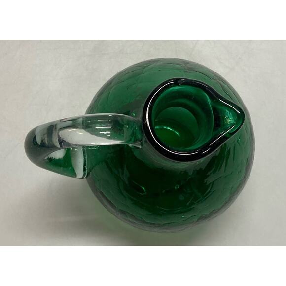 Blenko Green Art Glass Crackled Small Pitcher Clear Handle - Picture 5 of 7